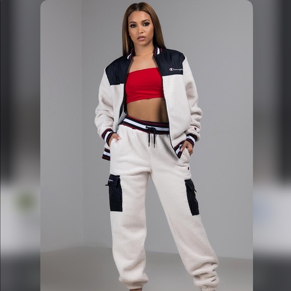 Champion sherpa color block jersey style zip up sporty jacket sweater - Picture 2 of 16